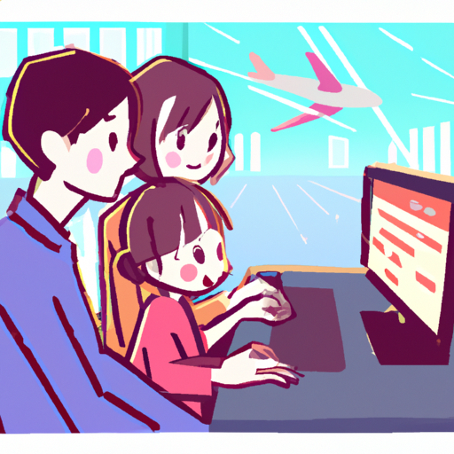 משפחה בודקת לוחות זמנים של טיסות במחשב נייד